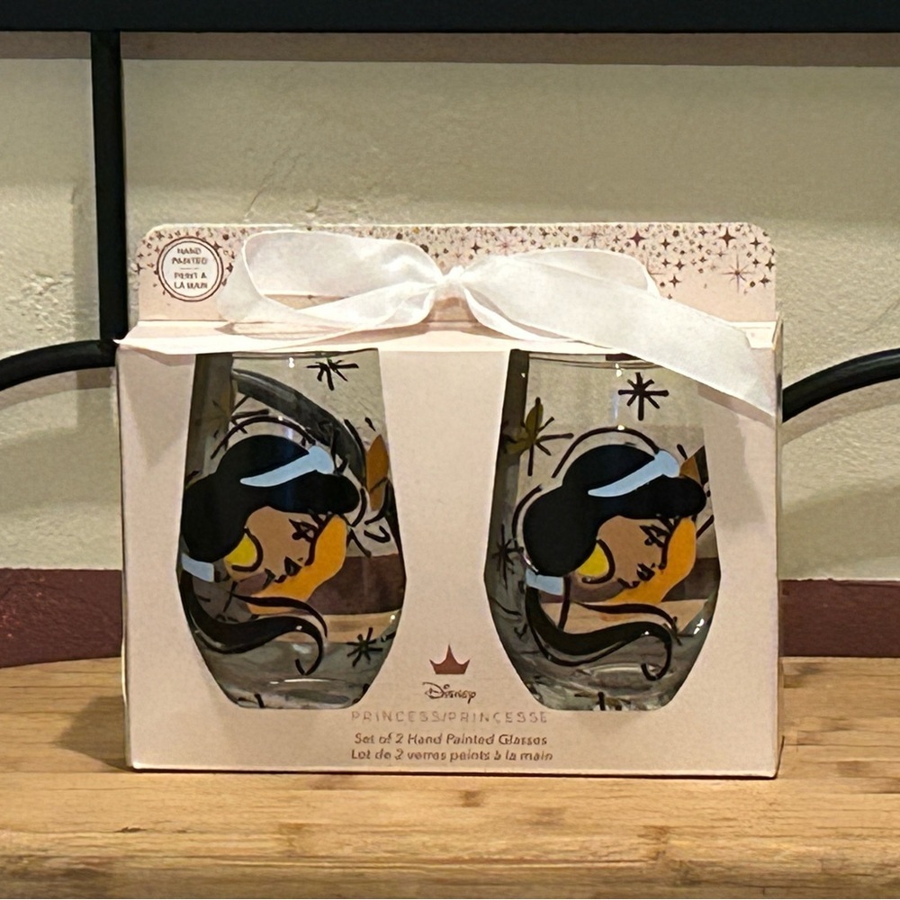 2 Disney Princess Jasmine Hand Painted Glass Tumblers by Magenta NWTS